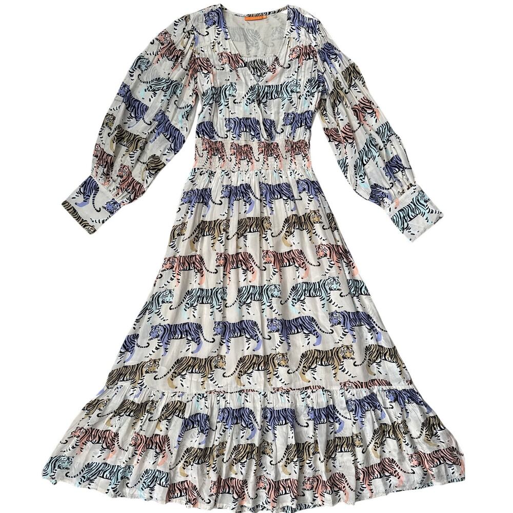 Oliphant Cuff Sleeve Smocked Waist Colorful Tiger Print Maxi Size Medium - Picture 9 of 10